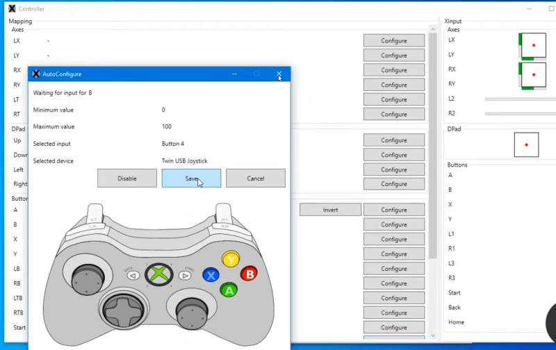 XOutput Button Mapping Configuration Screen