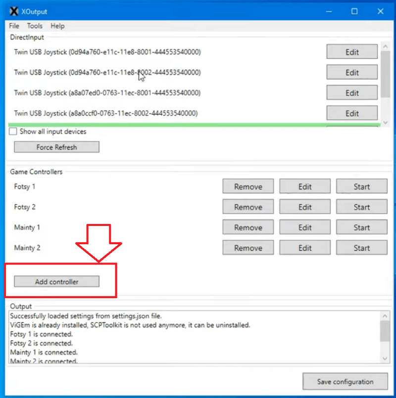 XOutput Main Interface showing Add Controller button